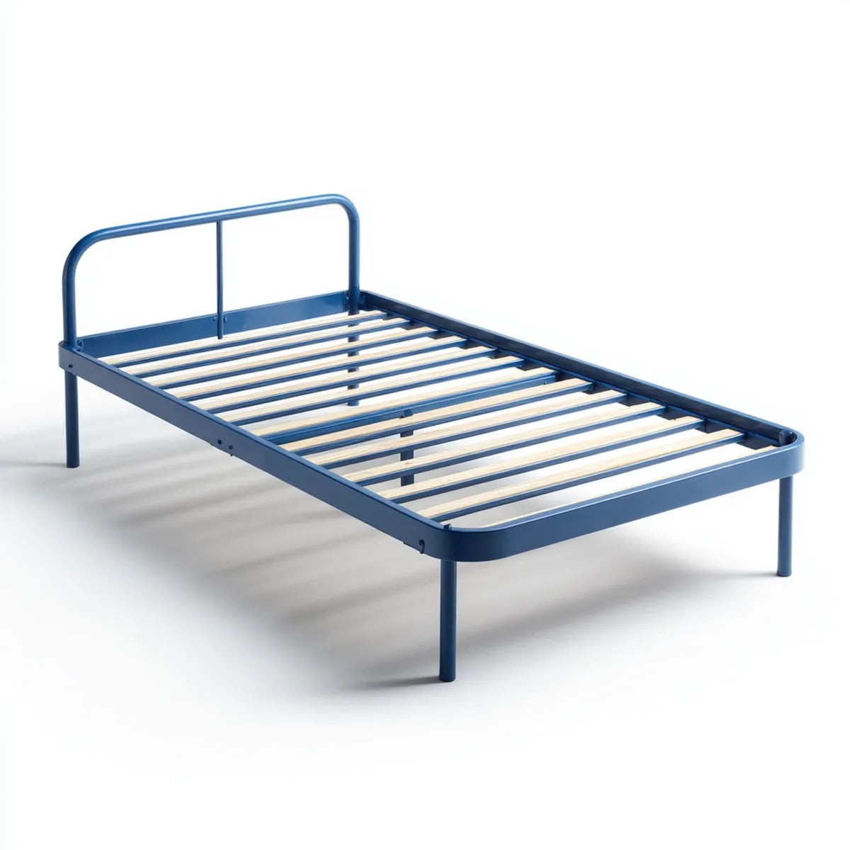 Rama łóżka, metalowa rama łóżko pojedyncze ciemnoniebieskie 90 x 200 cm stal prostokątna z rozłupaną podstawą