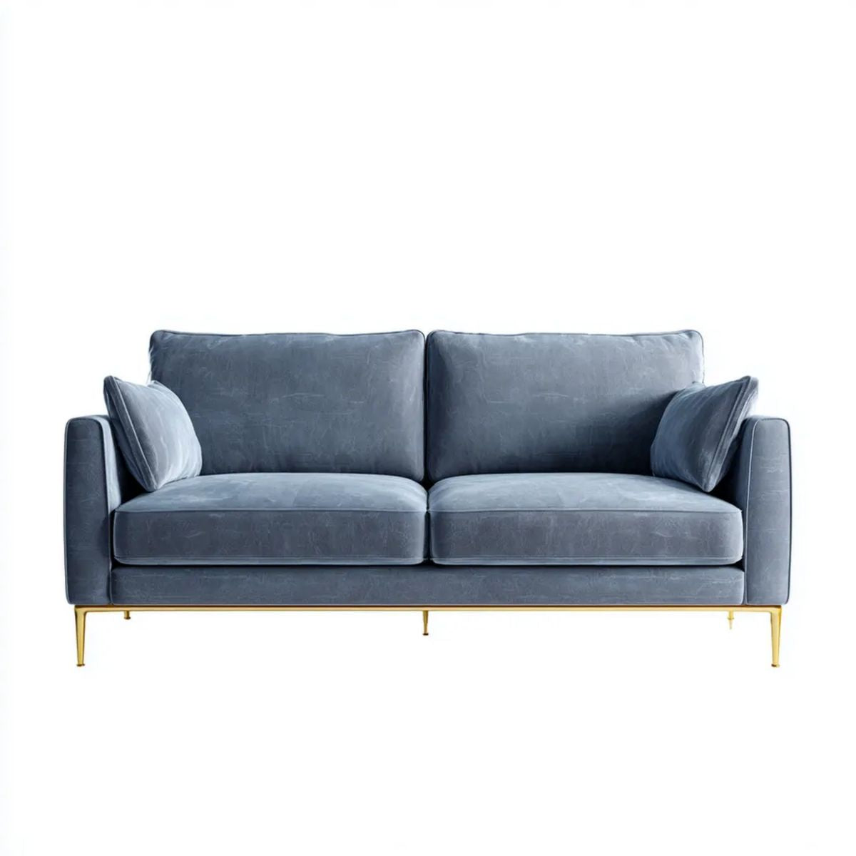 Sofa, 2-osobowa na wprost sofa na szaro niebieski poliester na welon ze złotem na stalowe nóżki, 180 x 85 x 82 cm