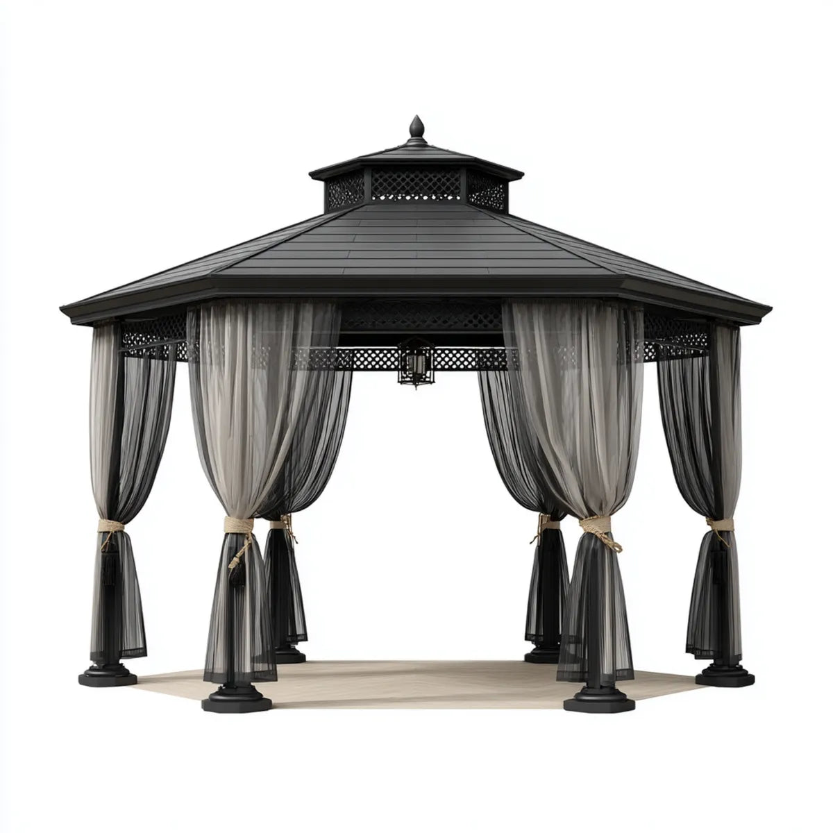 Altana lub pergola, Oktogonalny pawilon ogrodowy czarny 360 x 360 x 330 cm stal ocynkowana z zasłonami poliestrowymi