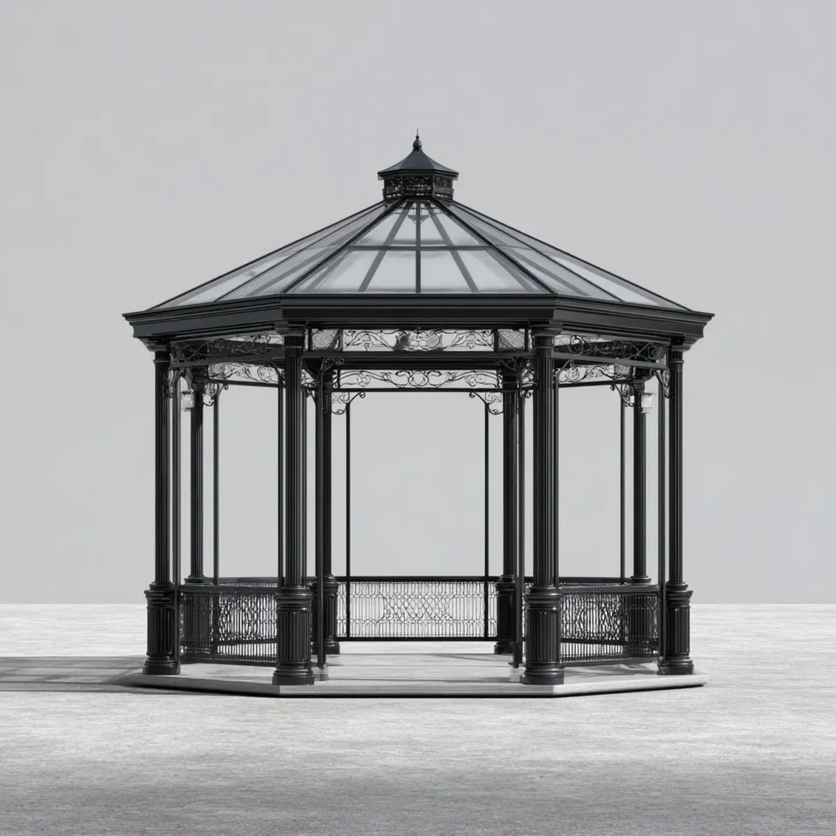 Altana lub pergola, Czarny ośmiokątny pawilon ogrodowy 300 x 300 x 320 cm w stali i hartowanym szkle