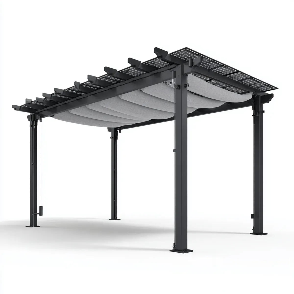 Altana lub pergola, Antracyt prostokątna pergola słoneczna z fotowoltaicznym dachem i wysuwane niewidome 400 x 300 x 230 cm w stali i poliestrze