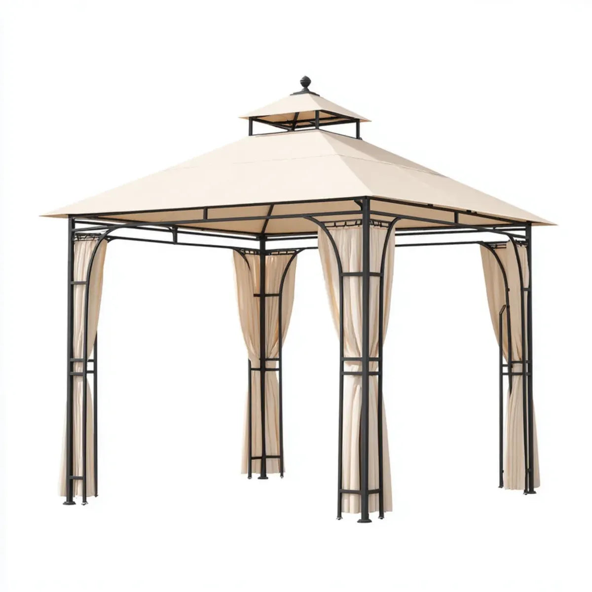Altana lub pergola, Plac ogród tonnale beżowe i czarny 300 x 300 x 270 cm w stali i poliester z zasłonami