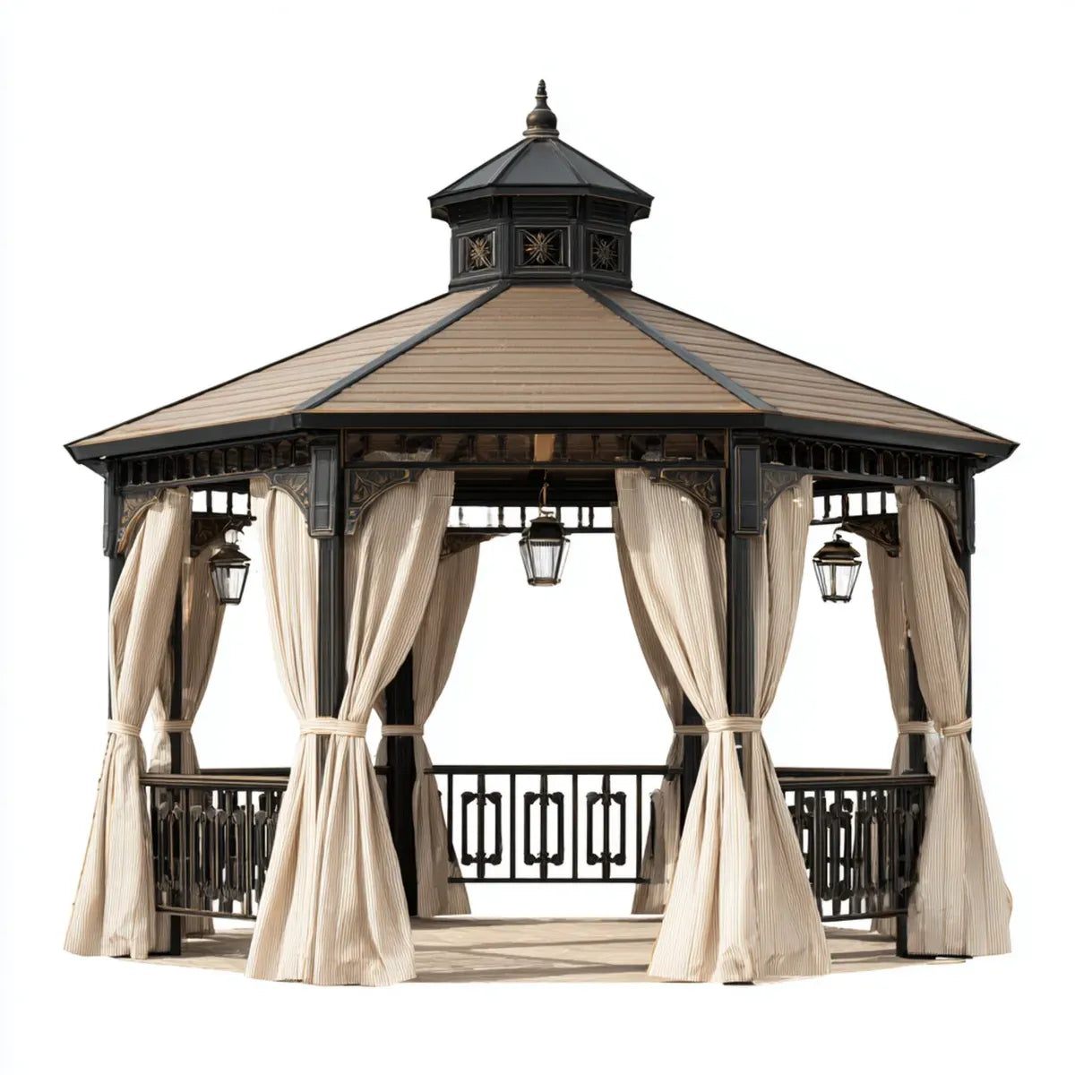 Altana lub pergola, Czarny i beżowy ośmiokątny pawilon ogrodowy 400 x 400 x 350 cm w stali ocynkowanej i poliestrze