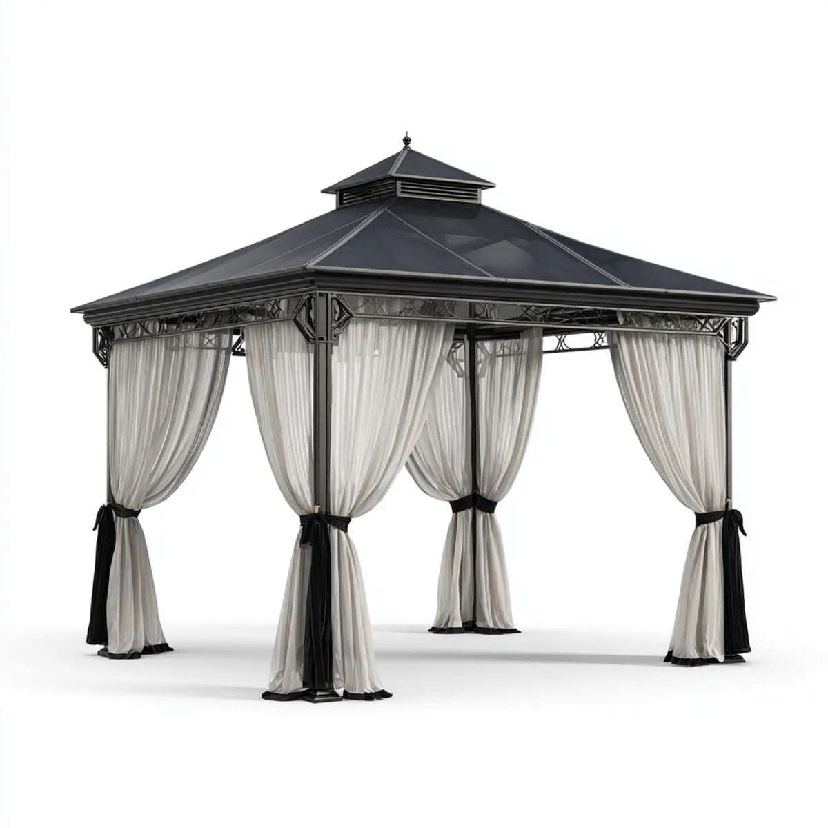 Altana lub pergola, Czarny prostokątny pawilon ogrodowy 4 x 3 m stal ocynkowana ze sztywnym dachem i zasłonami poliestrowymi 400 x 300 x 290 cm