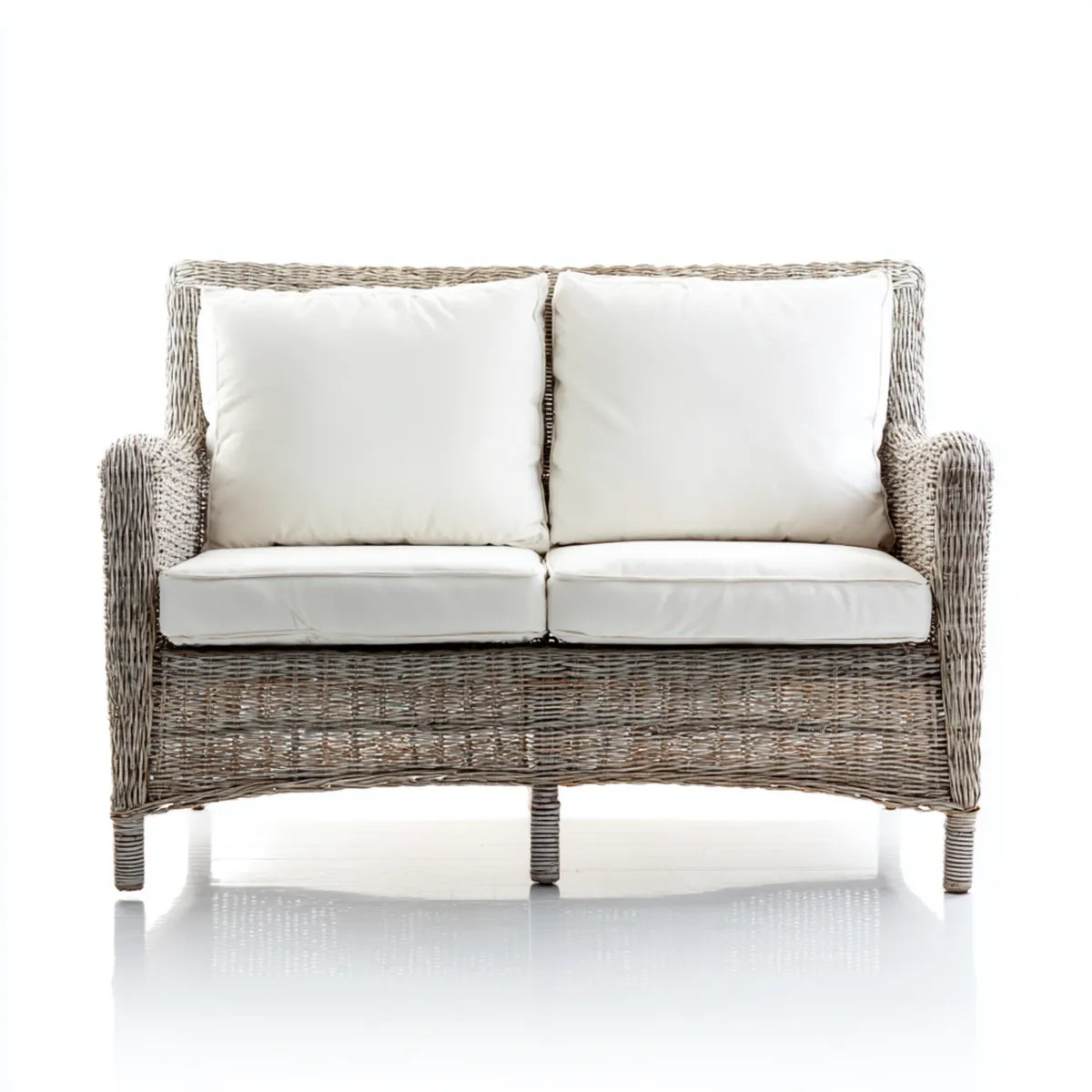 Sofa ogrodowa, 2 fotela ogrodowa w szarej rattanie z białą poduszką 120 x 70 x 85 cm
