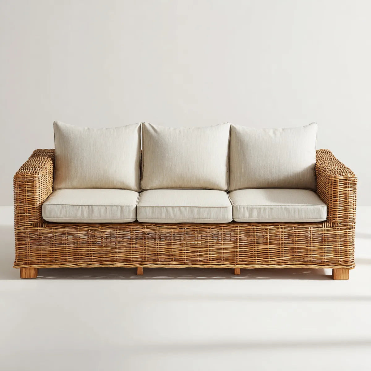 Sofa ogrodowa, Ogrodowa sofa 3 kwadraty proste naturalne i ecru plecione wikliny 200 x 85 x 82 cm