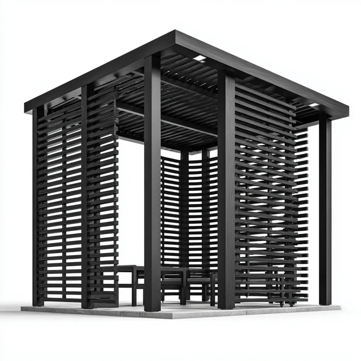 Altana lub pergola, Pawilon Pergola czarny 300 x 300 x 230 cm Stół ze stalowym dachem i ekranami prywatności