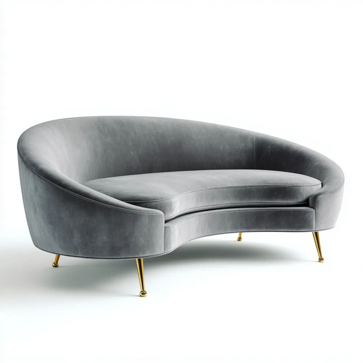 Sofa, Zakrzywiona sofa 2 szare fotele w poliestrze Belivelvet, złoto Belivelt metal Belifet nóżki, 180 x 85 x 78 cm