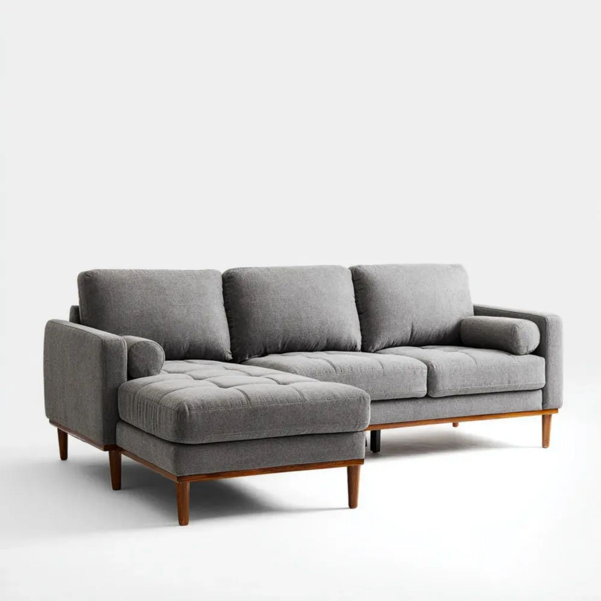 Sofa, 3 szare poliestrowe sofa z drewnianymi nóżkami, 250 x 160 x 85 cm