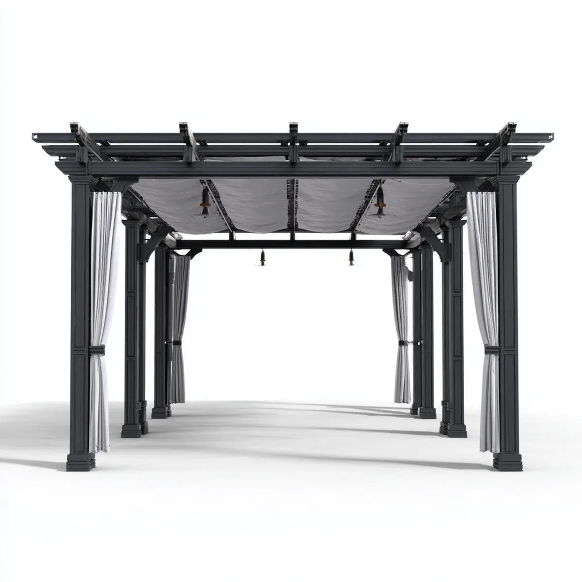 Altana lub pergola, Czarny prostokątny ogród pergola 400 x 300 x 260 cm w aluminium z wysuwanym dachem i zasłony poliestrowe