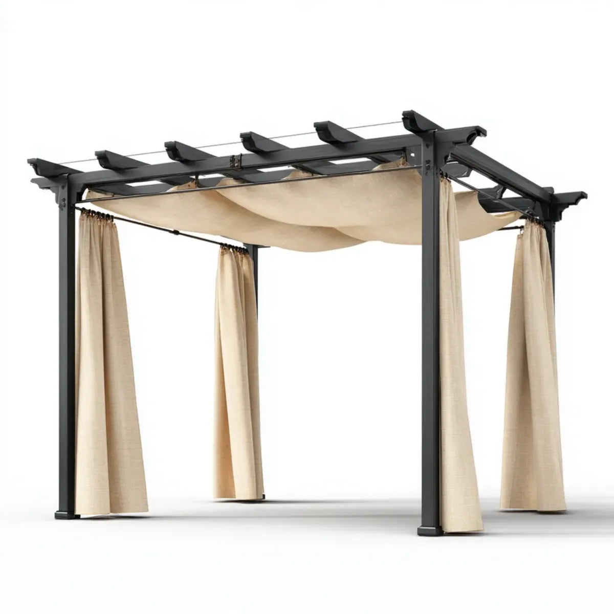 Altana lub pergola, Ogród pergola 300 x 300 x 230 cm czarny i beżowy stal z dachem i 4 zasłony