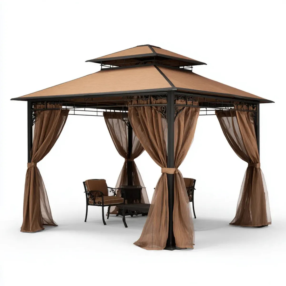Altana lub pergola, Plac brązowy ogród tonnale 300 x 300 x 285 cm w stali i poliestru z podwójnym dachem i zasłonami