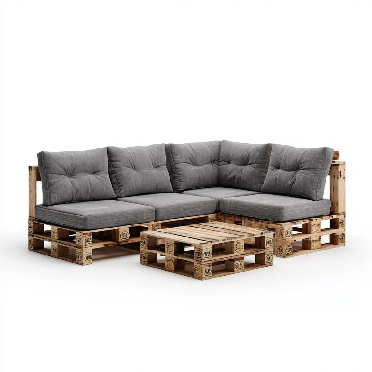 Sofa ogrodowa, Meble ogrodowe narożnikowe w paletach z drewna naturalnego z szarymi poduszkami 220 x 160 x 80 cm