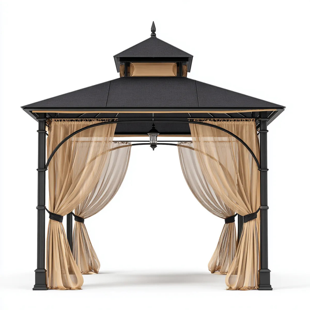 Altana lub pergola, Czarny i beżowy kwadratowy ogród tonnale 300 x 300 x 290 cm w stali i poliestru z podwójnym dachem i zasłonami