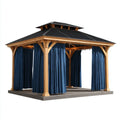 Altana lub pergola, Plac pawilon ogrodowy w naturalnym drewnie z czarnym dachem i granatowymi zasłonami o wymiarach 400 x 400 x 340 cm
