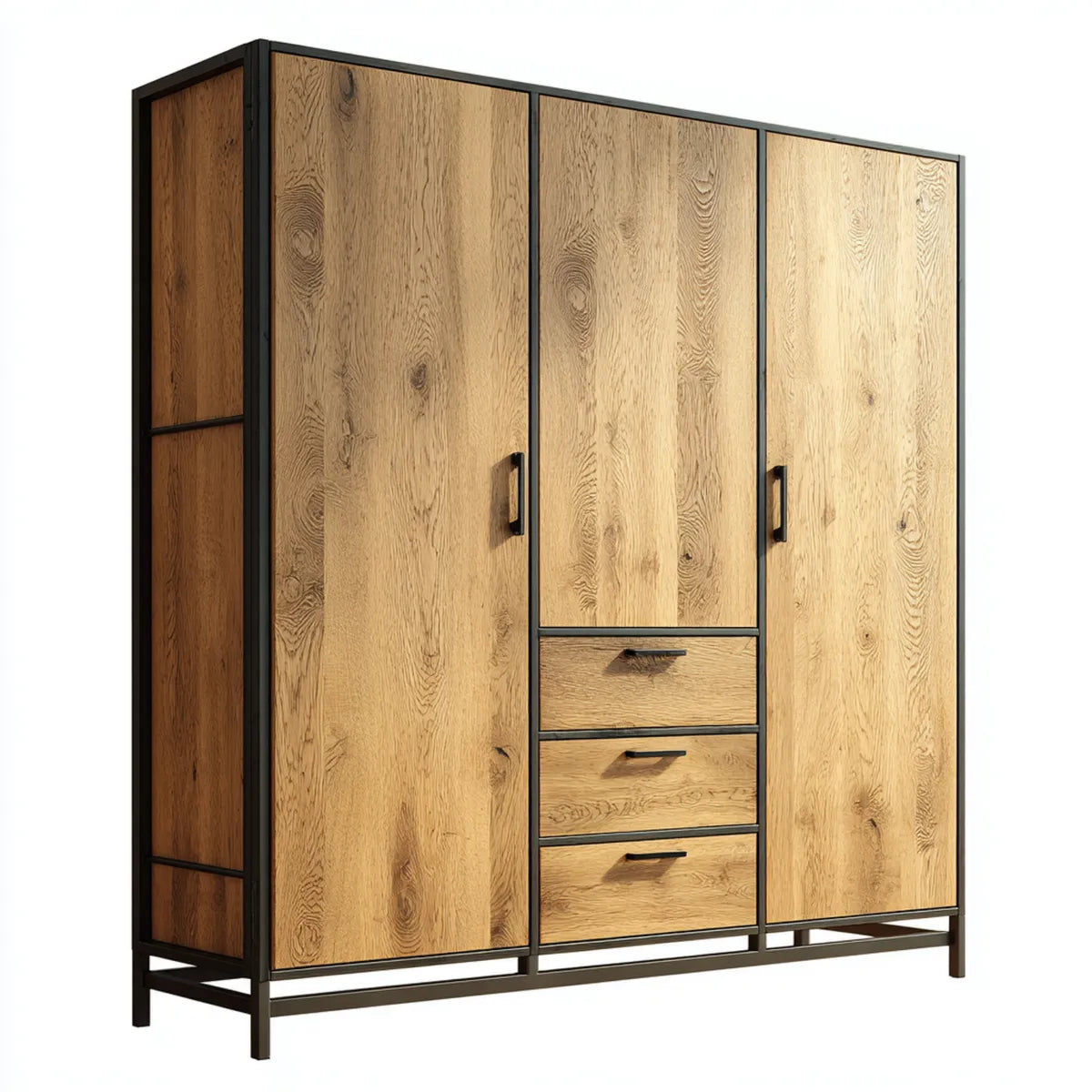 Szafa Dąb naturalny kolory z czarnej stalowej ramki 3 drzwi 3 szuflady 150 x 60 x 200 cm