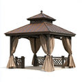 Altana lub pergola, 300x300x320 cm brązowy kwadratowy ogród altana w litym drewnie z dachem w ocynkowanej stali i zasłony