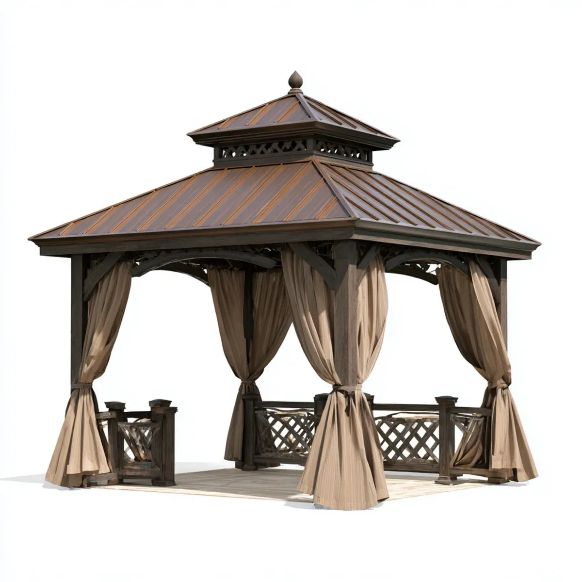 Altana lub pergola, 300x300x320 cm brązowy kwadratowy ogród altana w litym drewnie z dachem w ocynkowanej stali i zasłony
