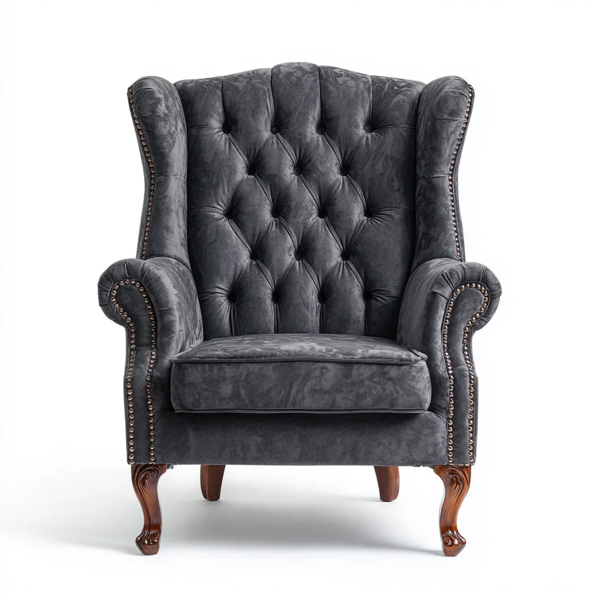 Fotel, Chesterfield fotel w szarym uchu antracytu w poliestrowym aksamicie 82 x 90 x 112 cm