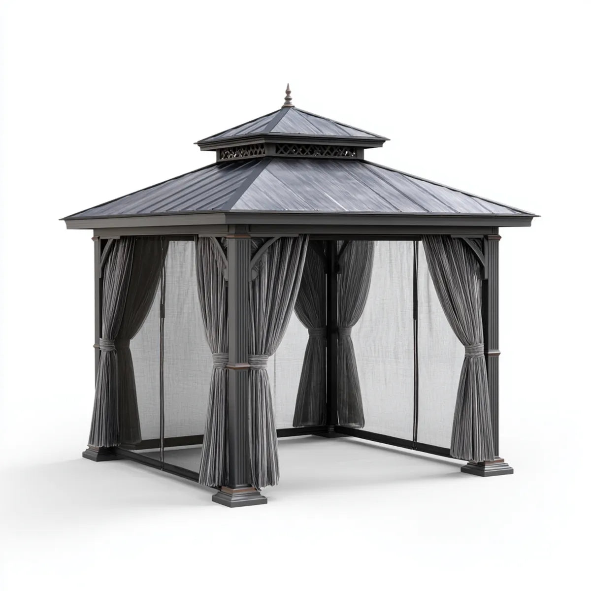 Altana lub pergola, Plac pawilon ogrodowy szary antracyt 300 x 300 x 290 cm w aluminium i stali ocynkowanej ze sztywnym dachem i zasłonami poliestrowymi